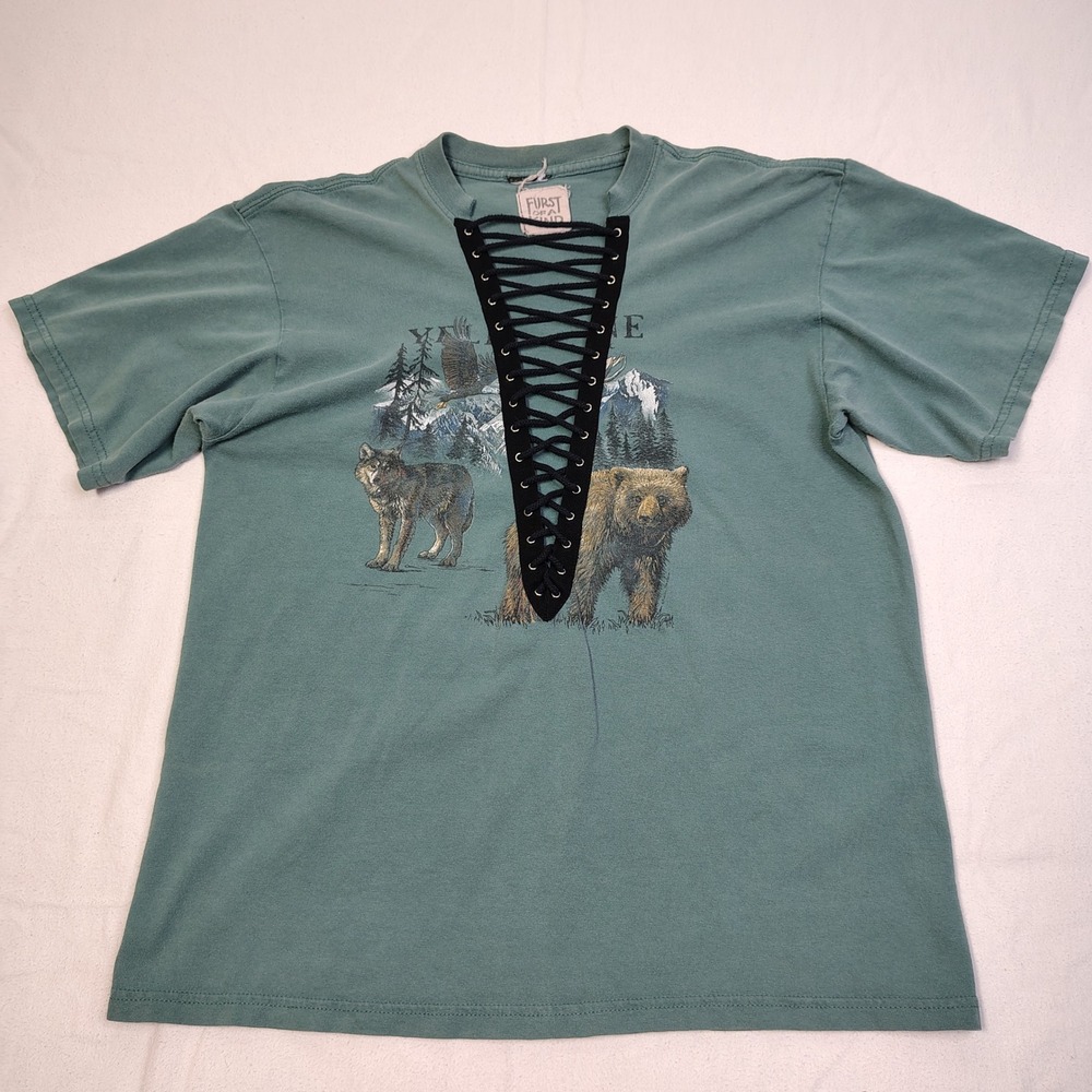 Furst of a Kind Vintage Lace Up Wolf Bear Graphic T-Shirt‎ Green Upcycled